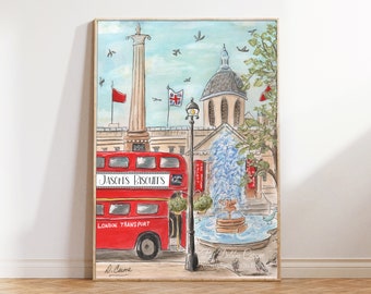 Red London Bus Print, Personalized London Gift For Boy, Nursery Wall Art, Travel Themed Bedroom Decor,  Double Decker Bus, Londoner Gift