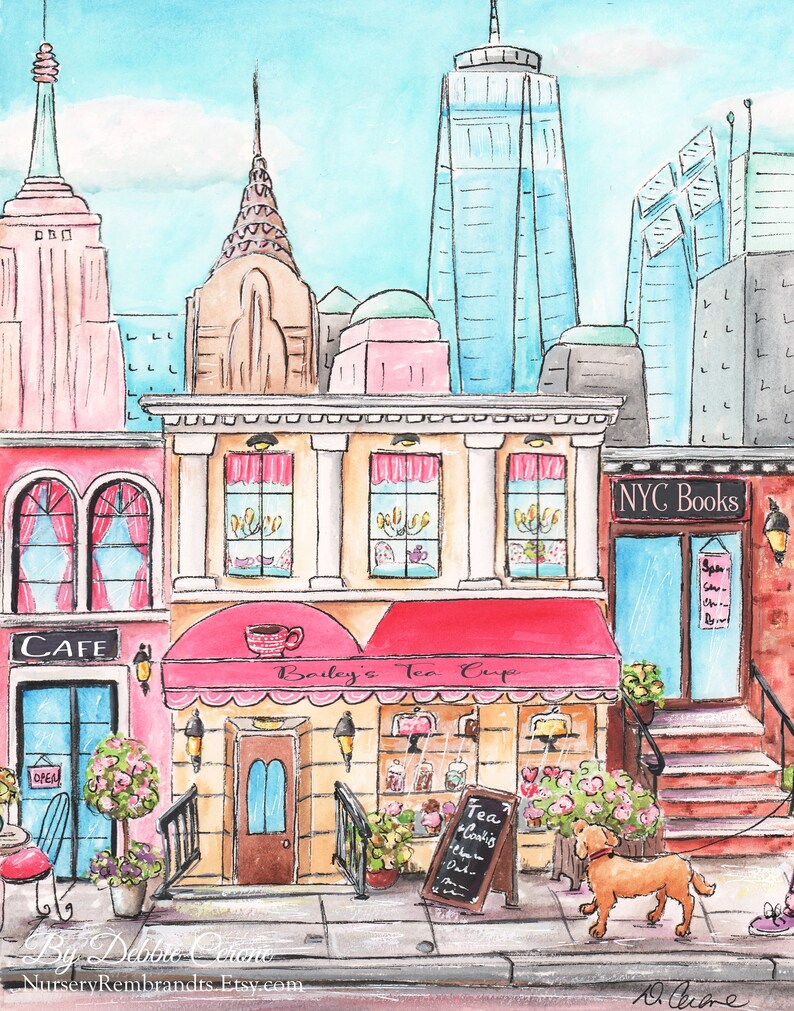 K&ouml;nnte beinhalten: Ein Aquarellbild einer Stadtstra&szlig;e mit Geb&auml;uden, Gesch&auml;ften und einem Hund. Die Gesch&auml;fte hei&szlig;en "Cafe", "Bailey's Tea Cup" und "NYC Books". Vor den Gesch&auml;ften stehen Blumen in T&ouml;pfen. Der Hund ist braun und geht auf dem B&uuml;rgersteig.