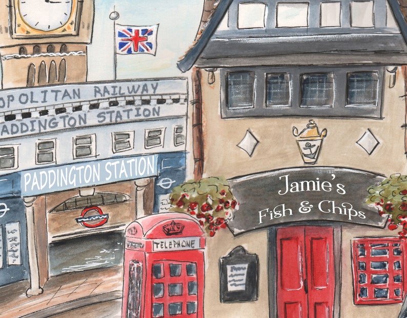 Puede incluir: Una ilustraci&oacute;n de acuarela de una escena callejera de Londres con una cabina telef&oacute;nica roja, un edificio con un letrero que dice "Jamie's Fish & Chips", y un edificio con un letrero que dice "Paddington Station".