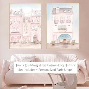 Pastel Pink French Nursery Prints Personalized, Set Of 2 Paintings For Toddler Girl Room, Cute Parisian Watercolors For Travel Theme Bedroom image 2