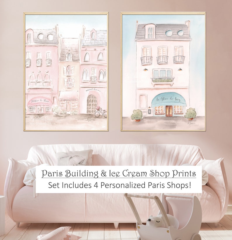 Pastel Pink French Nursery Prints Personalized, Set Of 2 Paintings For Toddler Girl Room, Cute Parisian Watercolors For Travel Theme Bedroom image 2