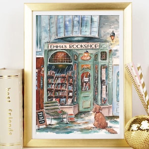 May include: A watercolor painting of a bookstore with a green door and a sign that reads "Emma's Bookshop". There is a dog sitting outside the shop.