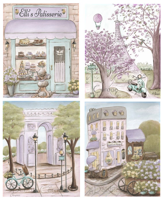 Paris Bedroom Decor Purple Baby Girl Nursery Wall Art Set Of 4 Personalized Patisserie Soft Lavender Gray Vintage Shabby Chic 6 Sizes