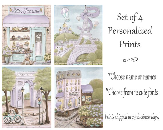 Purple Paris Nursery Paris Bedroom Decor Set Of 4 Personalized Paris Prints For Girls Paris Themed Bedroom Soft Vintage Lavender 6 Sizes
