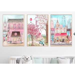 Travel Wall Decor Pastel Pink Personalized City Art Prints Paris Eiffel Tower Illustration Cute Colorful New York London Girls Room Wall Art