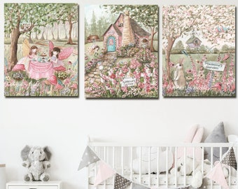Vintage Feengarten-Party, Satz von 3 Drucken, alle personalisiert, Blumen, Schmetterlinge, Feen, Eulen, Teeparty, großes Babypartygeschenk