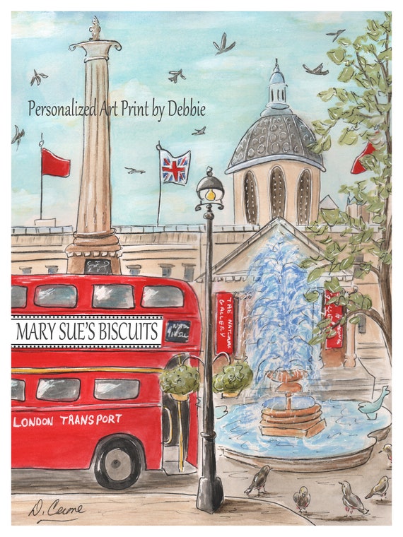 Personalized Trafalgar Square London Themed Boys Girls Bedroom Decor Biscuiteers Red London Bus Nursery Wall Art Baby Shower Gift 6 Sizes
