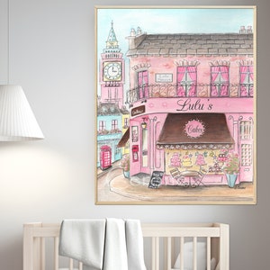 May include: A watercolor painting of a pink building with a brown awning that says "Lulu's Cakes". The building is on a street corner with a red telephone booth and a clock tower in the background.