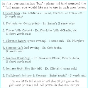 K&ouml;nnte beinhalten: Eine hellblaue Infografik mit schwarzem Text, die Anweisungen zur Personalisierung enth&auml;lt. Sie listet acht nummerierte Kategorien auf, darunter Gelato Shop, Trattoria, Tuscan Villa Carport, Florence Bakery, Florence Cafe, Positano House Sign, Positano Fruit Shop und Chalkboards.
