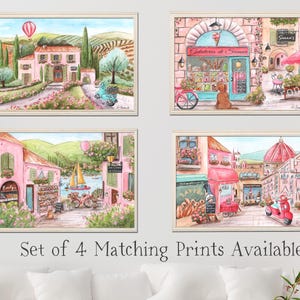 Pode incluir: Conjunto de quatro aquarelas que retratam cenas de uma charmosa cidade italiana. Cada pintura apresenta um edif&iacute;cio rosa com uma vitrine &uacute;nica, incluindo uma loja de sorvetes, uma padaria, um caf&eacute; e uma igreja. As pinturas s&atilde;o emolduradas em branco e t&ecirc;m um toque caprichoso e rom&acirc;ntico.