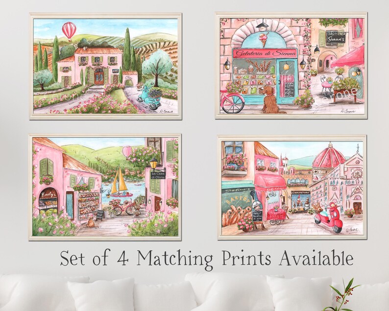 Pode incluir: Conjunto de quatro aquarelas que retratam cenas de uma charmosa cidade italiana. Cada pintura apresenta um edif&iacute;cio rosa com uma vitrine &uacute;nica, incluindo uma loja de sorvetes, uma padaria, um caf&eacute; e uma igreja. As pinturas s&atilde;o emolduradas em branco e t&ecirc;m um toque caprichoso e rom&acirc;ntico.
