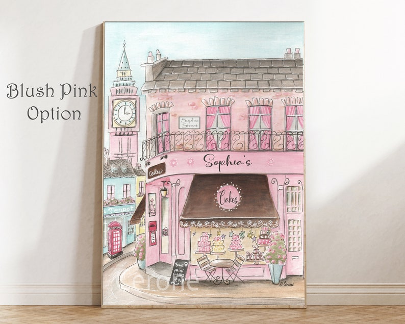 May include: A watercolor illustration of a pink building with a brown awning that says "Sophia's Cakes". The building has a clock tower and a sign that says "Sophia Street".