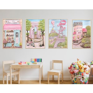 French Themed Nursery, Personalized Paris Wall Art, Pink Room Decor Girly, Set Of 4 Prints, Custom Baby Name, Laduree, Eiffel Tower Poster
