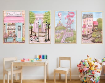 French Themed Nursery, Personalized Paris Wall Art, Pink Room Decor Girly, Set Of 4 Prints, Custom Baby Name, Laduree, Eiffel Tower Poster