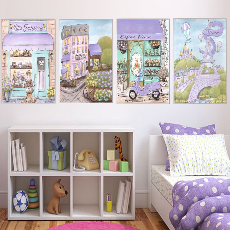 Custom Name Girls Lavender Teal Paris Bedroom Decor Set Of 4 Prints For Purple Nursery French Themed Room Travel Wall Art Choose Fonts