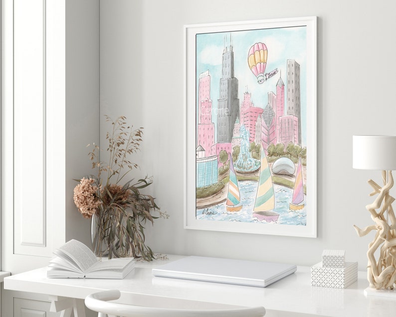 May include: A watercolor painting of the Chicago skyline with hot air balloons and sailboats in the foreground. The buildings are pink, blue, and gray. The water is blue and the sky is light blue.