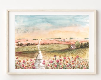 Pastel Landscape Watercolor Art Print, French Bedroom Decor, Baby Girl Gift, Provence Painting, English Countryside Poster Nursery Wall Art