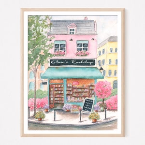 Paris Bookstore PERSONALIZED KIDS ART, Girl Book Art, Book Art Gift, Bookstore Art Print, Bookshop Print, Bookish Gift, Watercolor Painting