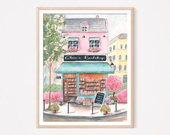 Paris Bookstore PERSONALIZED KIDS ART, Girl Book Art, Book Art Gift, Bookstore Art Print, Bookshop Print, Bookish Gift, Watercolor Painting