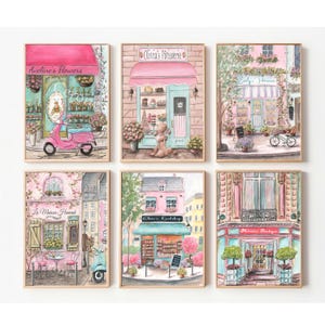 Personalized Pink Paris Artwork, French Nursery Travel Theme Wall Decor, Toddler Girls Room, Watercolor Art Prints, Set of 6, Parisian Gift Bright Pink