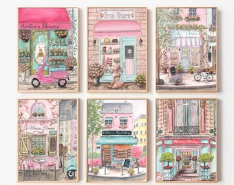 Personalized Pink Paris Artwork, French Nursery Travel Theme Wall Decor, Toddler Girls Room, Watercolor Art Prints, Set of 6, Parisian Gift