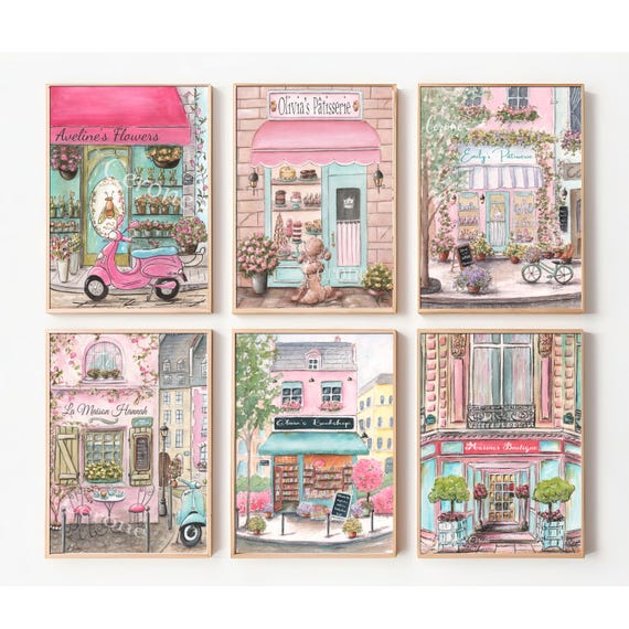 Personalized Pink Paris Artwork, French Nursery Travel Theme Wall Decor, Toddler Girls Room, Watercolor Art Prints, Set of 6, Parisian Gift