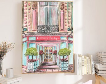 Personalized French Boutique Watercolor Print, Gift For Little Girl, Paris Bedroom Decor, Pink Paris Fashion Wall Art Print For Girls Room