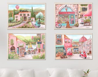 Conjunto de 4 peças de arte personalizada para quarto de bebê com tema de viagem, incluindo estampas de garota italiana, gelato, Toscana e Florença, em aquarela, em tons de rosa.