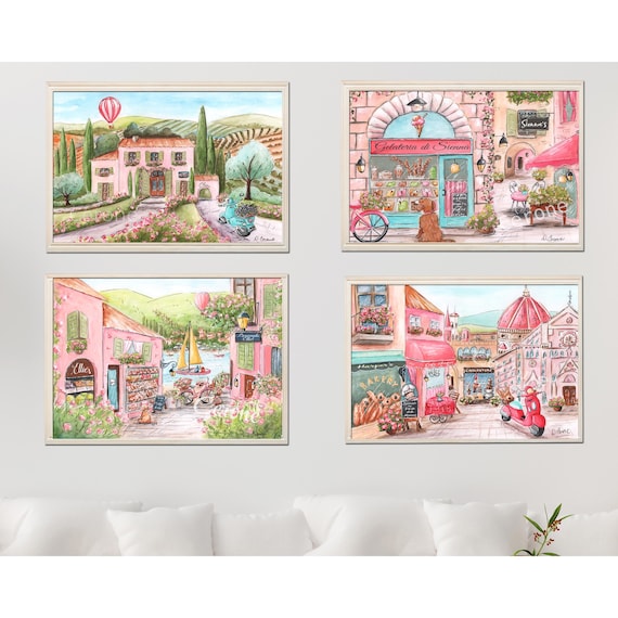 Italian Girl Prints, 4 Piece Personalized Travel Nursery Artwork, Gelato, Tuscany, Florence Italy Watercolors, Blush Toddler Girl Room Decor