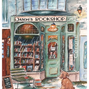 May include: A watercolor painting of a bookstore called "Jason's Bookshop" with a dog sitting outside. The shop has a green door with an "Open" sign and a window filled with books. A sign outside reads "Magic Tree House Reading 4-6PM".