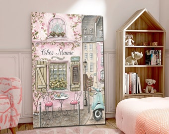 La Maison Rose Watercolor, Personalized Cafe Print, Parisian Nursery Decor, French Wall Art, France Home Decor, Blush Pink Girls Room Poster