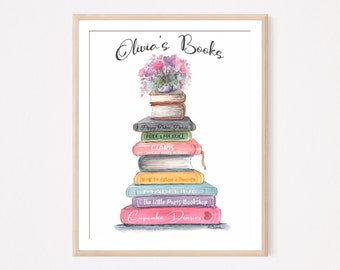 BOOK ART, Personalized Book Lover Gift, Watercolor Illustration, Customizable Book Titles, Tween Girl Bedroom, Reading Corner Book Stack Art