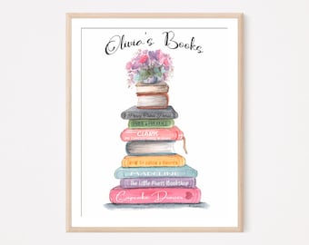 Gepersonaliseerde print van een stapel boeken, kunstwerk voor de leeshoek of speelkamer, aquarel schilderij van een favoriet boek