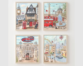 Juego de 4 láminas para habitación de bebé de Londres, baby shower de Londres, habitación de bebé con temática de viajes, arte mural personalizado de Londres, decoración de pared para habitación de bebé, Big Ben