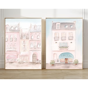 Pastel Pink French Nursery Prints Personalized, Set Of 2 Paintings For Toddler Girl Room, Cute Parisian Watercolors For Travel Theme Bedroom image 1
