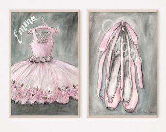 Personalized Tutu, Girls Bedroom Decor Blush Ballerina Set Of 2 Custom Name Ballet Prints, Pink Nursery Wall Art, 6 sizes 5x7 To 24 x 36