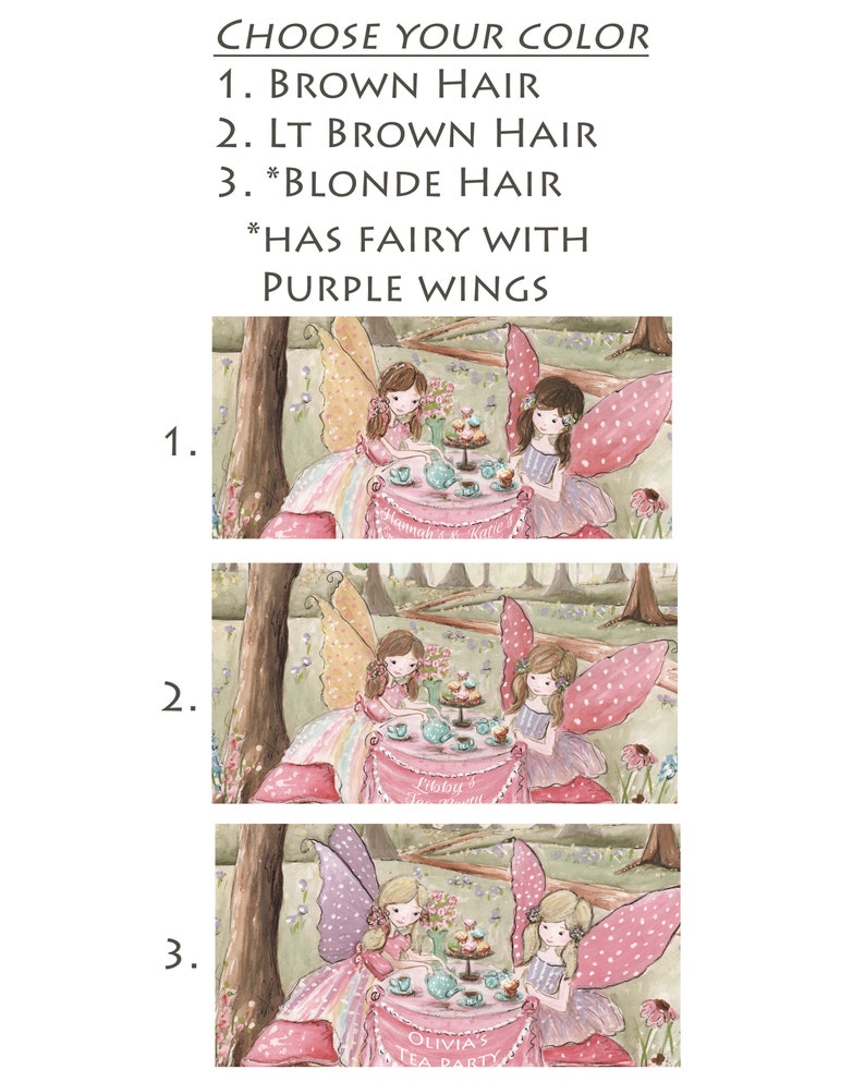 K&ouml;nnte beinhalten: Aquarellillustration von Feen bei einer Teeparty. Das Bild bietet Haarfarbenoptionen: braun, hellbraun oder blond, mit lila Fl&uuml;geln. Der Teetisch hat eine rosa Tischdecke mit Text. Der Hintergrund zeigt einen Wald.