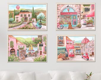 Láminas italianas personalizadas con temática de viajes a Italia, regalo para baby shower, arte para la pared de la habitación infantil, juego de 4 acuarelas, decoración para la habitación de niñas, dormitorio infantil.
