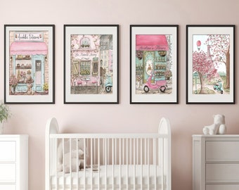 French Nursery Art, Personalised Nursery Art For Girls Bedroom, Set Of 4 Paris Prints, Paris Travel Posters, Parisian Room Decor Blush Decor