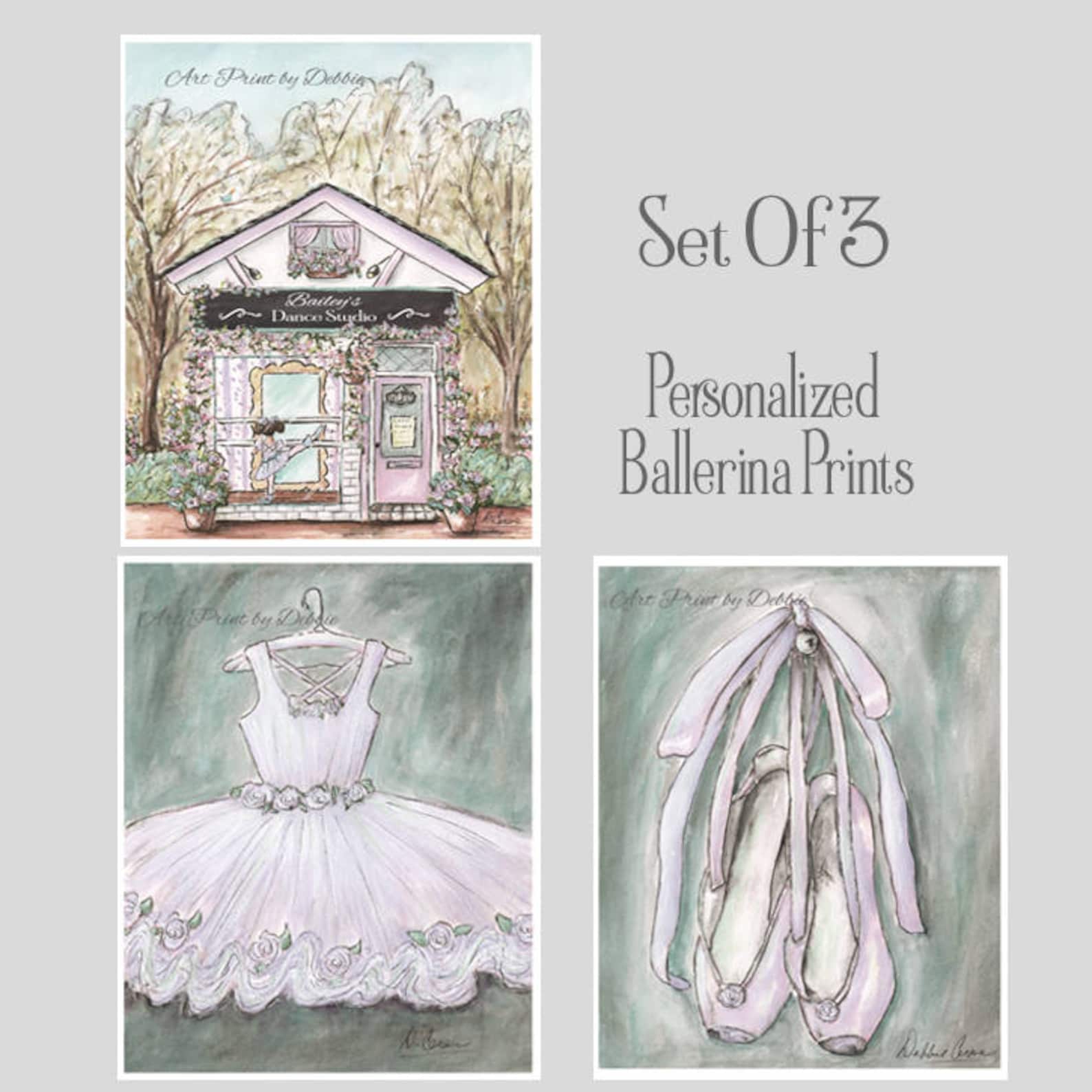 set of 3 ballet prints for girl ballerina gift personalized shabby chic vintage purple soft blush lavender, choose hair color, t