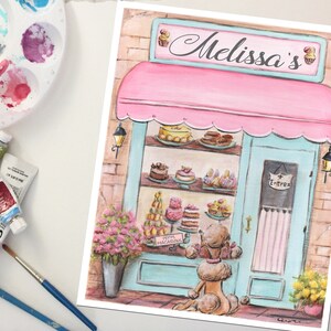 May include: A pastel pink and blue storefront with a sign that reads "Melissa's". The storefront has a display window filled with colorful pastries and cakes. A small poodle dog stands in front of the store.