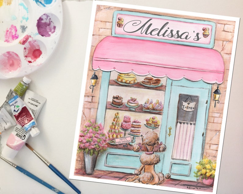 May include: A pastel pink and blue storefront with a sign that reads "Melissa's". The storefront has a display window filled with colorful pastries and cakes. A small poodle dog stands in front of the store.