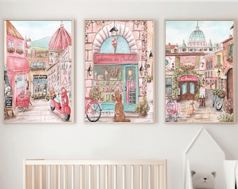 Láminas personalizadas en rosa empolvado para dormitorio infantil con temática de viajes, juego de 3 lindas tiendas italianas, Roma, Florencia, decoración de pared para guardería, de 5x7 a 24x36 pulgadas.