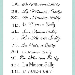K&ouml;nnte beinhalten: Eine wei&szlig;e &Uuml;bersicht mit 12 Schriftarten zur Auswahl, die jeweils mit einer Zahlen- und Buchstabenkombination von 1A bis 12M gekennzeichnet sind. Der Text 'La Maison Sally' ist in zw&ouml;lf verschiedenen schwarzen Schriftarten dargestellt.
