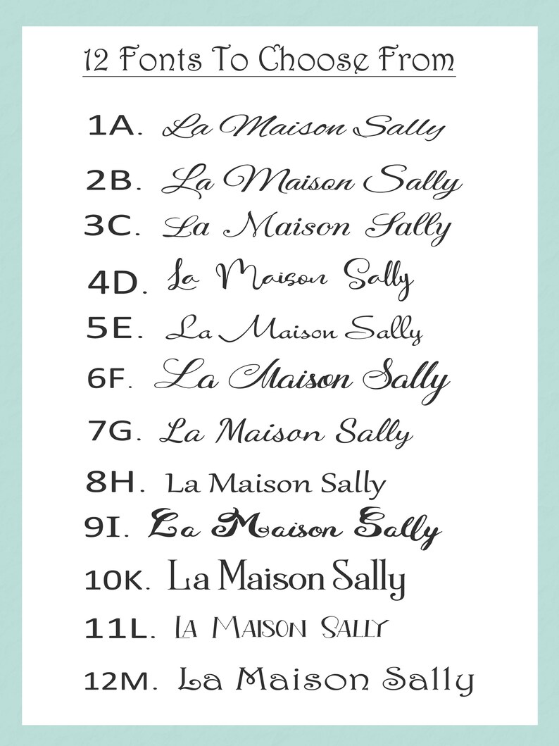 K&ouml;nnte beinhalten: Eine wei&szlig;e &Uuml;bersicht mit 12 Schriftarten zur Auswahl, die jeweils mit einer Zahlen- und Buchstabenkombination von 1A bis 12M gekennzeichnet sind. Der Text 'La Maison Sally' ist in zw&ouml;lf verschiedenen schwarzen Schriftarten dargestellt.