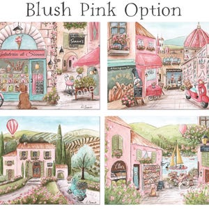 K&ouml;nnte beinhalten: Ein Set aus vier Illustrationen im Aquarellstil mit der Aufschrift Blush Pink Option. Die Bilder zeigen europ&auml;isch inspirierte Stra&szlig;enszenen, eine Gelateria mit Hund, eine B&auml;ckerei mit Roller, eine Landvilla mit Hei&szlig;luftballon und eine K&uuml;stenstadt.