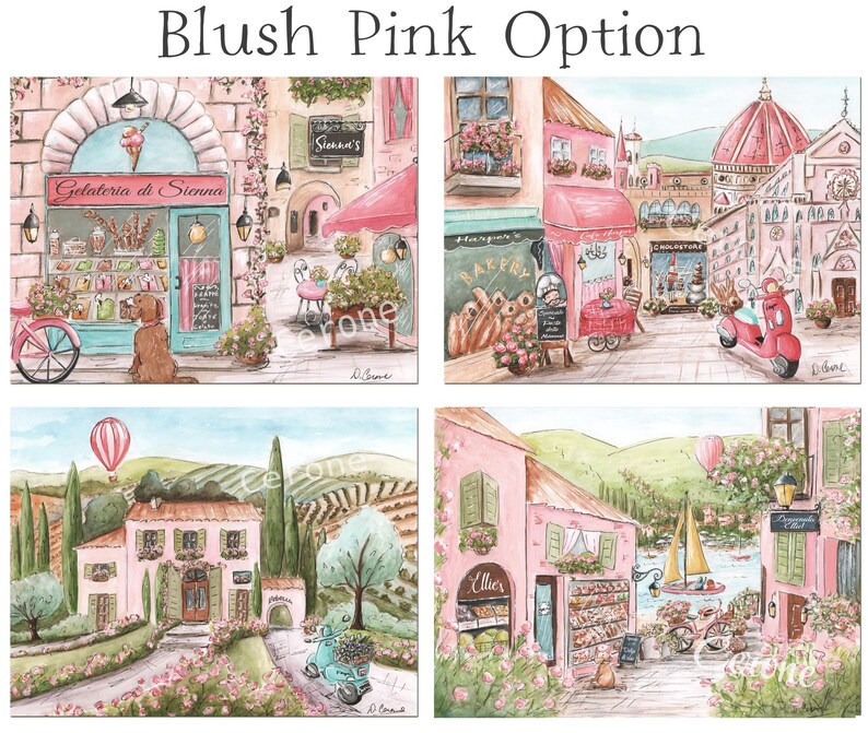 K&ouml;nnte beinhalten: Ein Set aus vier Illustrationen im Aquarellstil mit der Aufschrift Blush Pink Option. Die Bilder zeigen europ&auml;isch inspirierte Stra&szlig;enszenen, eine Gelateria mit Hund, eine B&auml;ckerei mit Roller, eine Landvilla mit Hei&szlig;luftballon und eine K&uuml;stenstadt.