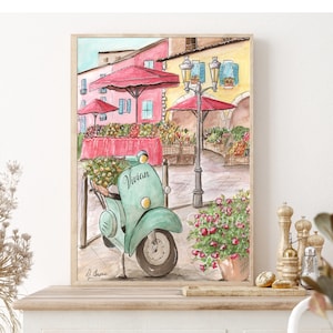 Vespa Scooter Print, Europe City Print, Paris Cityscape, Italy Decor, Personalized Print For Girls Room, Custom Name Print, Travel Gift Girl