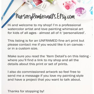 May include: Text overlay on a white background with paint tubes and colorful paint splatters. The text reads "NurseryRembrandts.Etsy.com" and includes a welcome message from the artist.