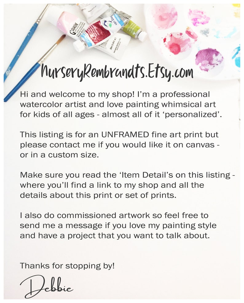May include: Text overlay on a white background with paint tubes and colorful paint splatters. The text reads "NurseryRembrandts.Etsy.com" and includes a welcome message from the artist.